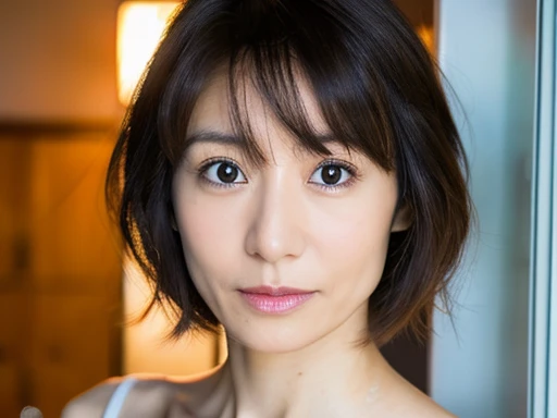 masterpiece, high quality, High resolution, 8k, Skinny Japanese Wife, 40 years old, Cute Face, Detailed face, Detailed eyes, short hair, Very small breasts, Narrow waist, Photos capturing sexy moments from married life, 