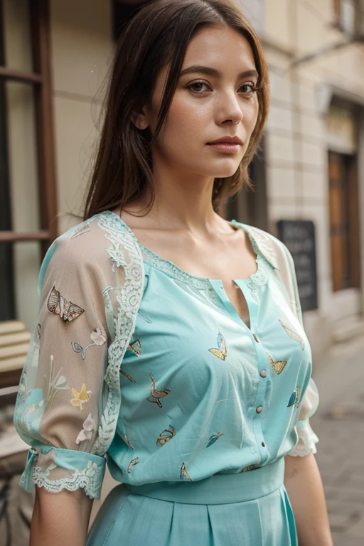 Aqua green blouse with mustard-coloured butterfly print and pink lace