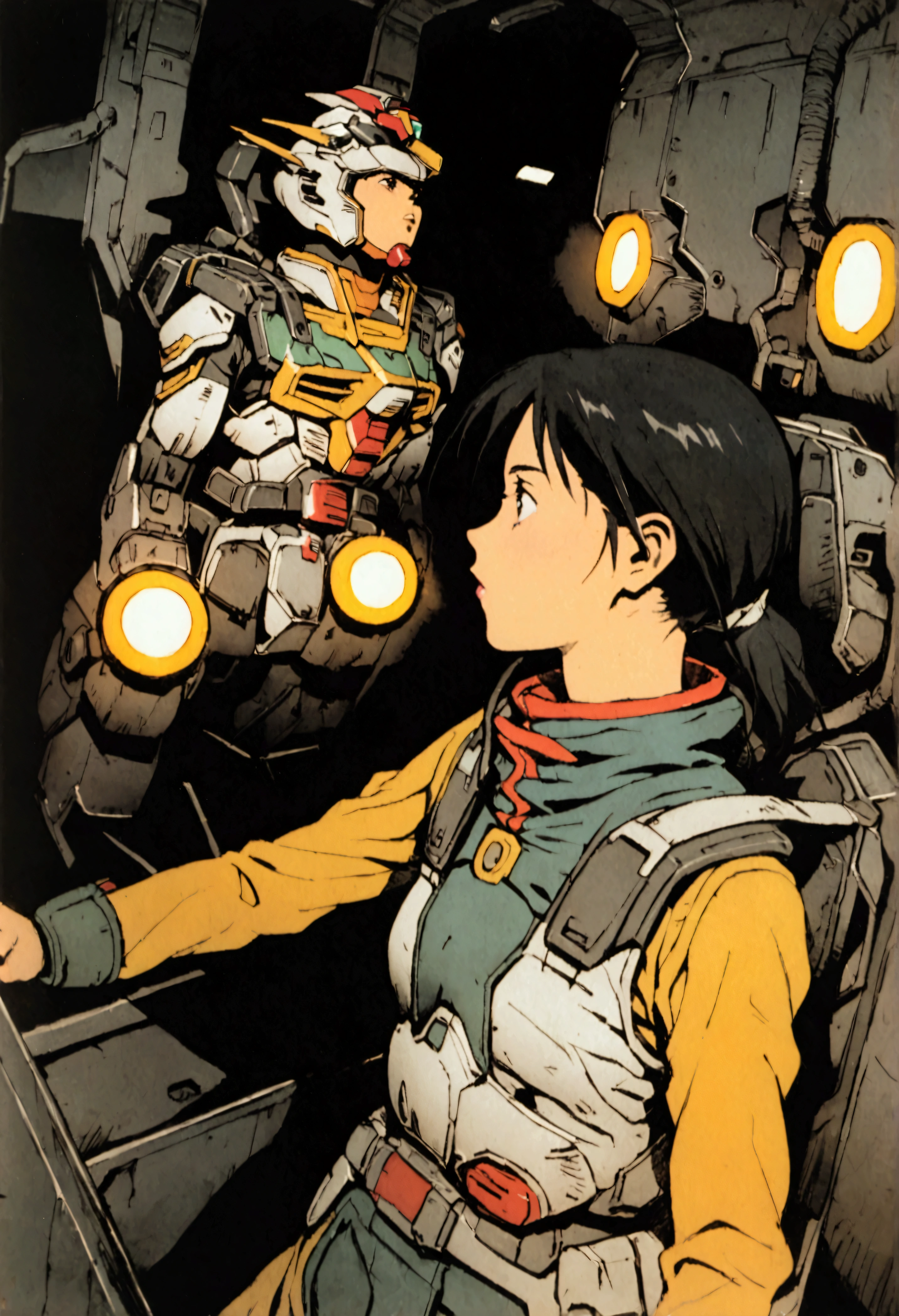 Gundam Wing Cockpit、Futuristic Suit、22 years old、woman、独奏、Black Hair、woman、Moderate bust、The gauge lights up、Full Face Helmets、Look diagonally upwards and shout、Dynamic pose、Shooting from above with a wide-angle lens。profile。