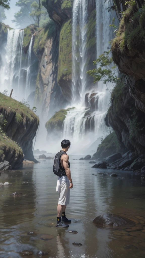 high resolution, ultra realistic and artistic, Contemplative, akira style, person in more modern and elegant attire, most muscular man, bright coloured, black jersey, man and nature, stronger colors,