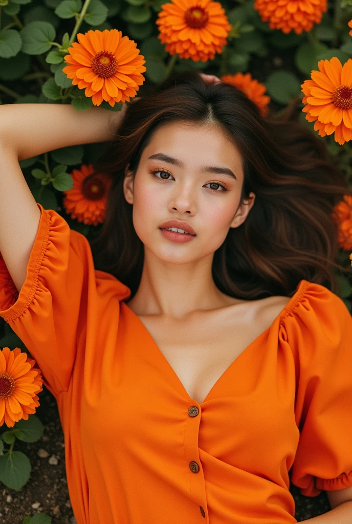 Kodak disposable photography of beautiful fashion model with orange dress, laying on orange flower bed, --ar 3:4