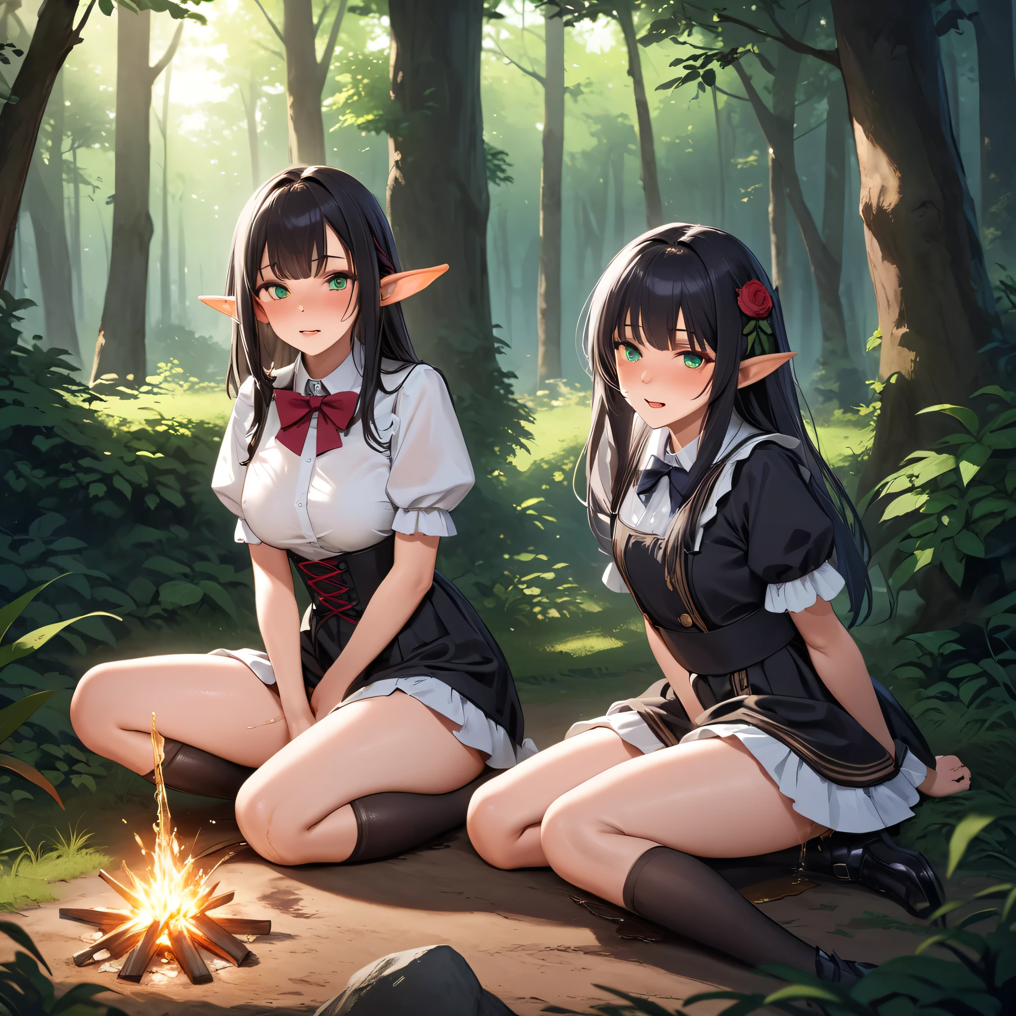 ((masterpiece,Highest quality;1.3,best illustration,realistic)), 3 elf girls, elf ears, blushing, mouths open in arousal, incontinence、peeing pee stains, wet panties, ensemble in the forest, campfire.