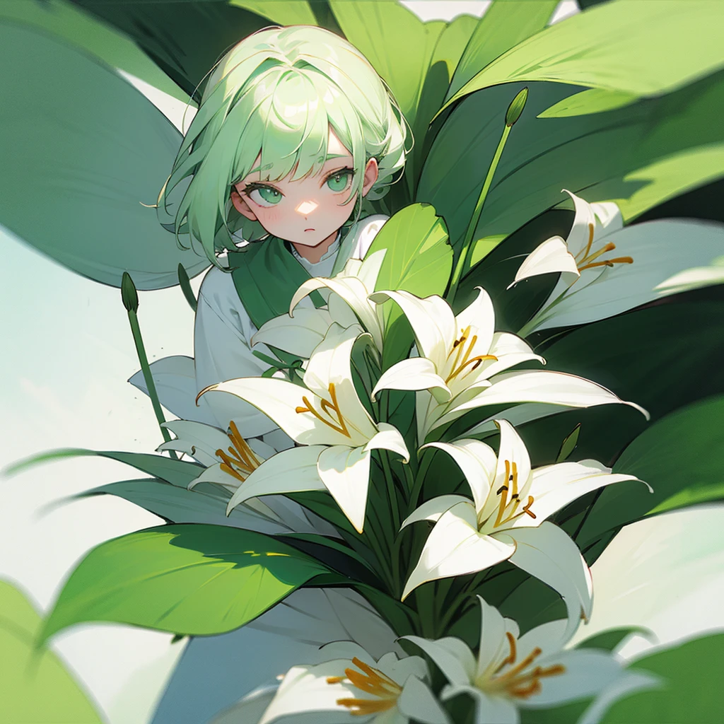 A young boy who has a slit in his forearm, and inside there are white orchid flowers, and he picked one of those flowers.