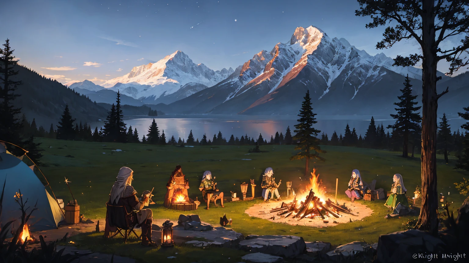 fantasy rpg group, fantasy, bonfire, rest, camp, camping, sit, tree on the right, night, stars, landscape, mountains, group 5 knights, human, elf, dwarf, pixiv fantasia