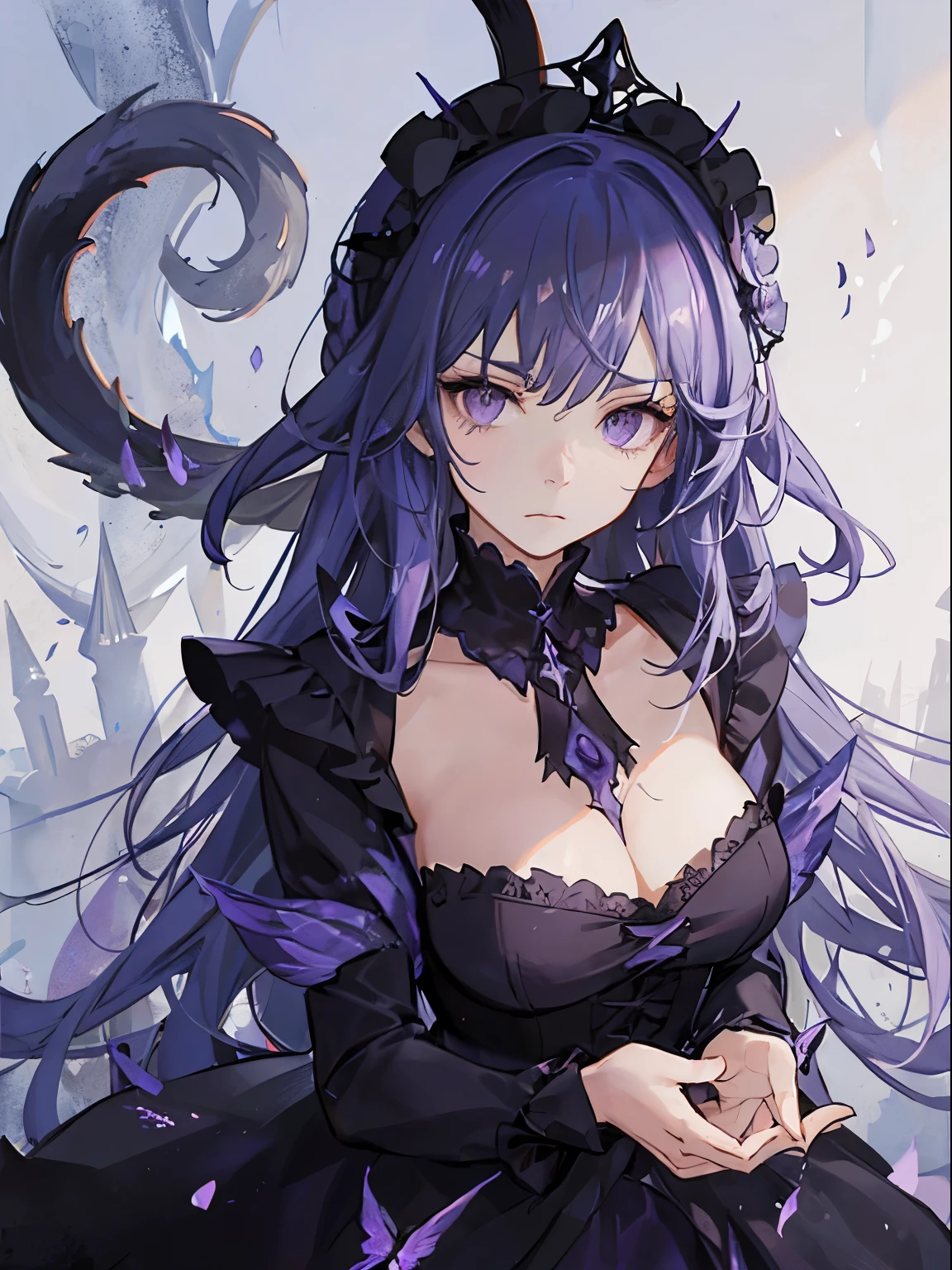 The Sorceress Girl, 18 years, long black and purple hair, cat tail, Gothic dress, purple eyes, ghostly purple cats around the character, detailed face, gloomy facial expression, hair down,