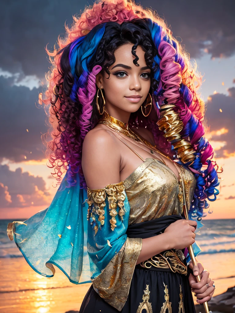 1 girl, (iridescent hair, colorful hair, half blue and half pink hair: 1.2), , blue_sky, holding a magic wand, summer (season), petals_on_liquid, black cloak with hood, red and black torn dress, skirt: 1.2, (gold long curly hair: 1.5), sky, outdoor, clouds, bangs, smile, sky blue eyes, bare shoulders, perfect hands, Hand details, repaired fingers. Earrings, sea + background, looking_at_viewer, cowboy shot, top quality, rich detail, perfect image quality, sunrise