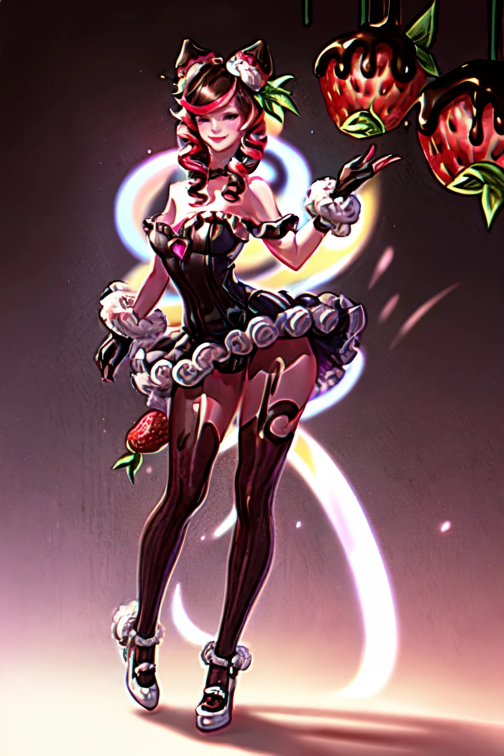 Sugar Rush Evelynn,1 girl, provocative smile, Strapless dress, mitts, chocolate no corpo, chocolate legs high thighs, strawberry hair ornament, multicolored hair, he pink, colored fur, Off The Shoulder, whole body, high resolution, 8k