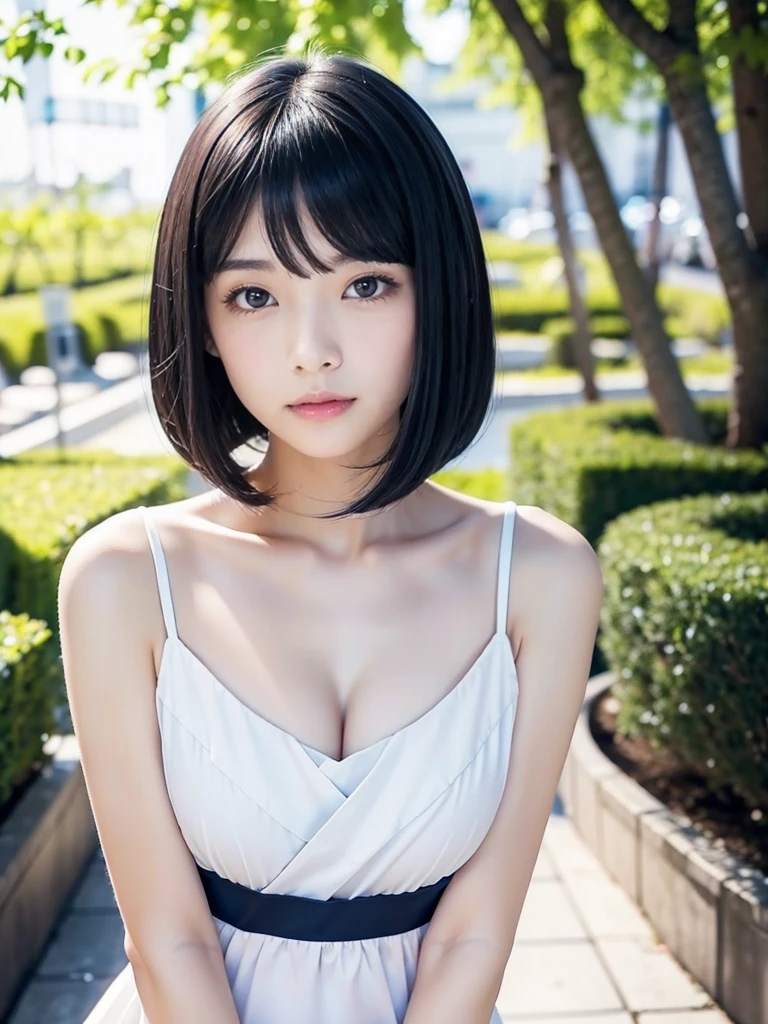 neat girl is beautiful japanese female and beautiful russian female mixed race only in the face age is 18 features of the whole body black hair medium straight bob cut hair style beautiful small face with short eyelashes boyish eyes only high nose dark blue pupils very thin upper lip milky white skin accurate attractive body shape beautiful bust waist hip s thighs knees legs