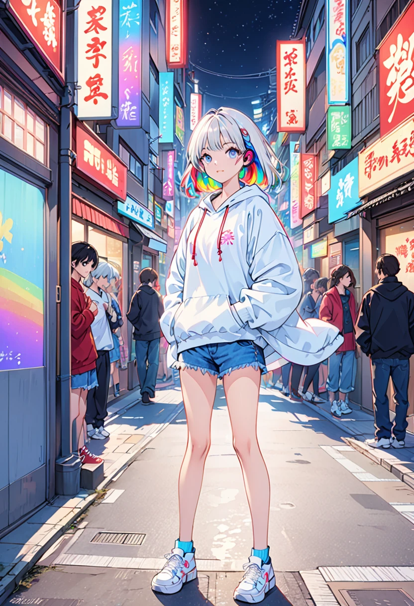 HD 8k handsome sexy cute、、One woman、Medium length hair、White Hair、Rainbow Hair、blue eyes、avert your eyes、Rainbow Headphones、hoodie、色付きのhoodie、Denim shorts、sneakers、Human Focus、Outdoor、青いnight空、The background is 1980s NEON Tokyo, Japan、Vibrant、Streetscape、night