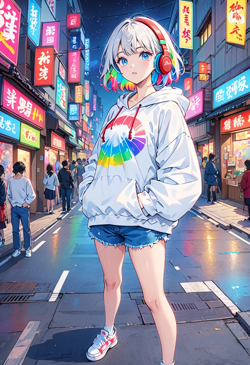 HD 8k handsome sexy cute、、One woman、Medium length hair、White Hair、Rainbow Hair、blue eyes、avert your eyes、Rainbow Headphones、hoodie、色付きのhoodie、Denim shorts、sneakers、Human Focus、Outdoor、青いnight空、The background is 1980s NEON Tokyo, Japan、Vibrant、Streetscape、night