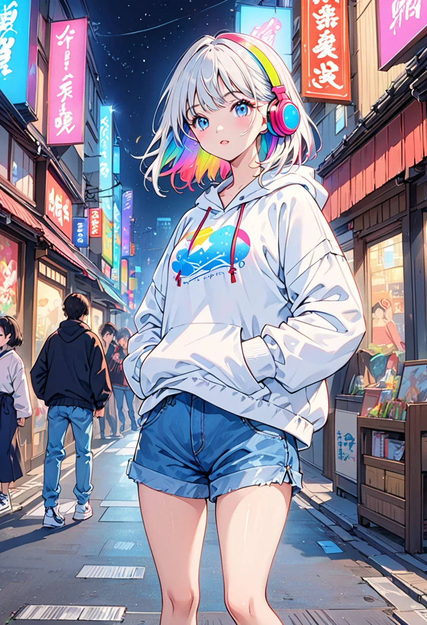 HD 8k handsome sexy cute、、One woman、Medium length hair、White Hair、Rainbow Hair、blue eyes、avert your eyes、Rainbow Headphones、hoodie、色付きのhoodie、Denim shorts、sneakers、Human Focus、Outdoor、青いnight空、The background is 1980s NEON Tokyo, Japan、Vibrant、Streetscape、night