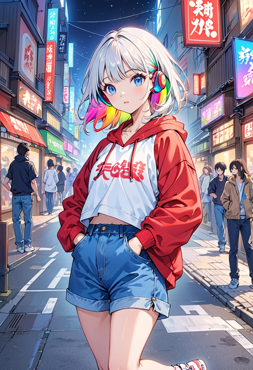 HD 8k handsome sexy cute、、One woman、Medium length hair、White Hair、Rainbow Hair、blue eyes、avert your eyes、Rainbow Headphones、hoodie、色付きのhoodie、Denim shorts、sneakers、Human Focus、Outdoor、青いnight空、The background is 1980s NEON Tokyo, Japan、Vibrant、Streetscape、night