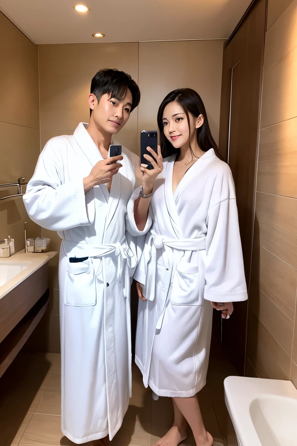 mirror、Selfie、smartphone、high resolution、Highest quality、men and women、young woman、Senior man、hotel、ラブhotel、Man and woman standing side by side、Wearing a bathrobe、White bathrobe、Hotel washroom、40-year-old male、Take a selfie facing the mirror