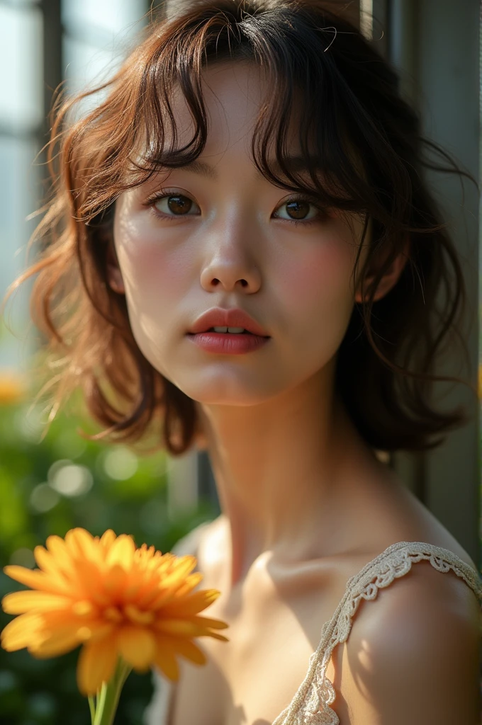 Prompt Txt2Img (Model shooting style), (shy), 1 girl, Lonely, brown、curly、 Extremely rich facial detail, Beautiful Eyes, [Chubby], cute, Slightly red cheeks，bright, Lonely Eyes, Stunning beauty, (Rembrandt Lighting), Zeiss Lenses, Surreal, (Skin with attention to detail:1.2), 8K Ultra HD, Digital single-lens reflex camera, Dramatic Rim Light, high quality, Fuji XT3,Very delicate and beautiful, wonderful, In detail, masterpiece, Very detailed, High resolution,Best Shot, Best Shadow,Complex,Sharp focus, high quality, 1 Japan woman, alone.cute,Fuka Koshiba,Yuki Sakurai, Glass greenhouse, Potted flowers, Flowers for sale, Woman looking at flowers, Flowers are blooming everywhere, Lens flare,No sleeve,Beautiful breasts,butterfly,butterflyが舞う,Cool eyes,Glossy Lips,smile,Glowing Skin,Transparent skin,From above