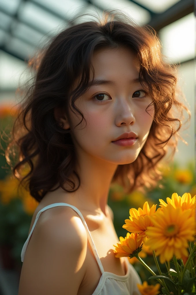 Prompt Txt2Img (Model shooting style), (shy), 1 girl, Lonely, brown、curly、 Extremely rich facial detail, Beautiful Eyes, [Chubby], cute, Slightly red cheeks，bright, Lonely Eyes, Stunning beauty, (Rembrandt Lighting), Zeiss Lenses, Surreal, (Skin with attention to detail:1.2), 8K Ultra HD, Digital single-lens reflex camera, Dramatic Rim Light, high quality, Fuji XT3,Very delicate and beautiful, wonderful, In detail, masterpiece, Very detailed, High resolution,Best Shot, Best Shadow,Complex,Sharp focus, high quality, 1 Japan woman, alone.cute,Fuka Koshiba,Yuki Sakurai, Glass greenhouse, Potted flowers, Flowers for sale, Woman looking at flowers, Flowers are blooming everywhere, Lens flare,No sleeve,Beautiful breasts,butterfly,butterflyが舞う,Cool eyes,Glossy Lips,smile,Glowing Skin,Transparent skin,From above