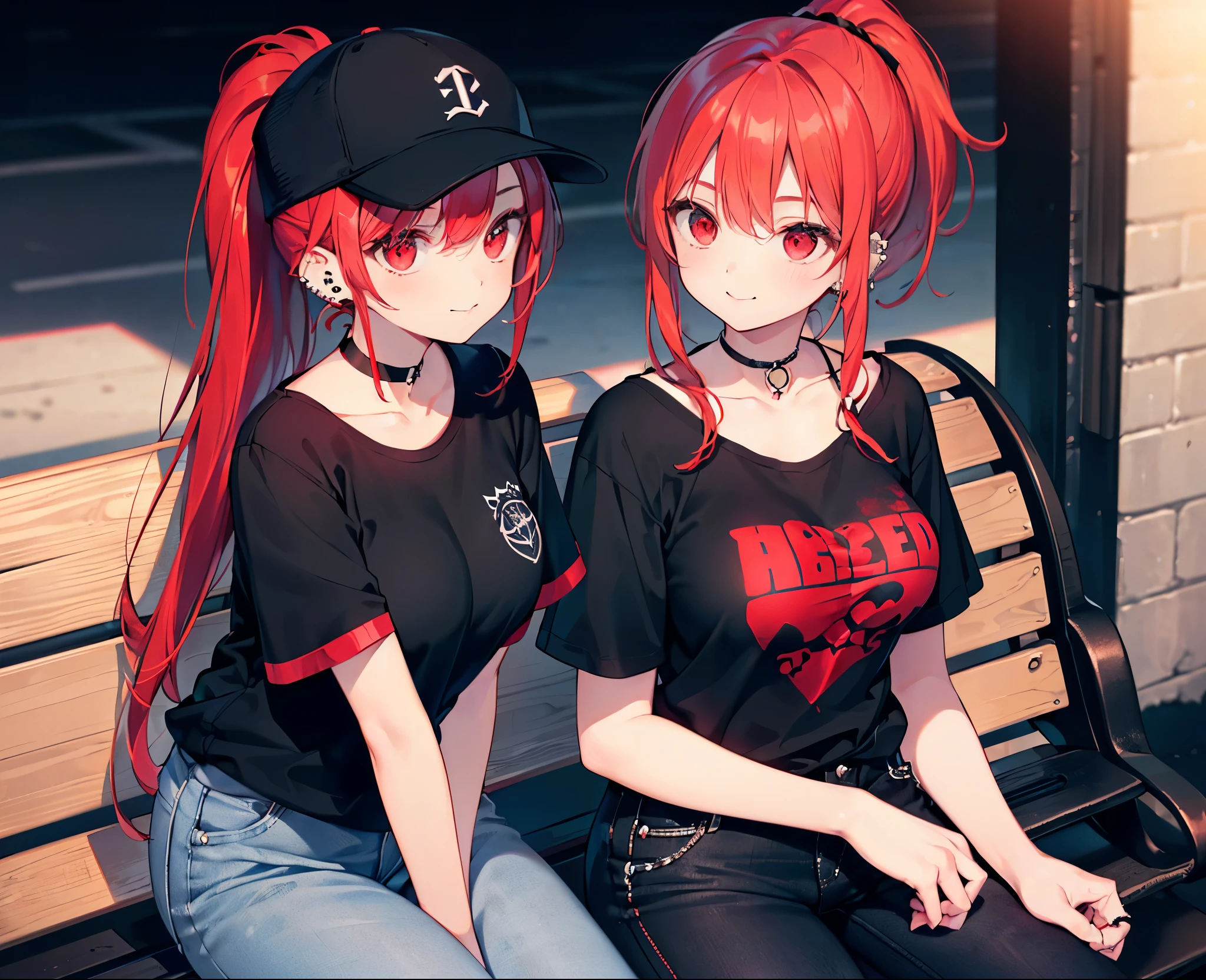 Realistic,Highest quality, Ultra Detail, High-quality CG rendering, The most delicate and beautiful, Floating softly, High resolution, (1 girl), (Highest quality,4K,8k,masterpiece:1.2),(All red hair:1.5), (ponytail:1.5),(Red eyes:1.5),(Slightly larger breasts:1.2), (Oversized black short sleeve t-shirt:1.5),(Black skinny jeans:1.5),(Black baseball cap:1.5),In the city,old buildings,Narrow back alley,(Sitting on a bench:1.3),smile,(Piercing in left ear:1.3),(Pitch black choker:1.5)