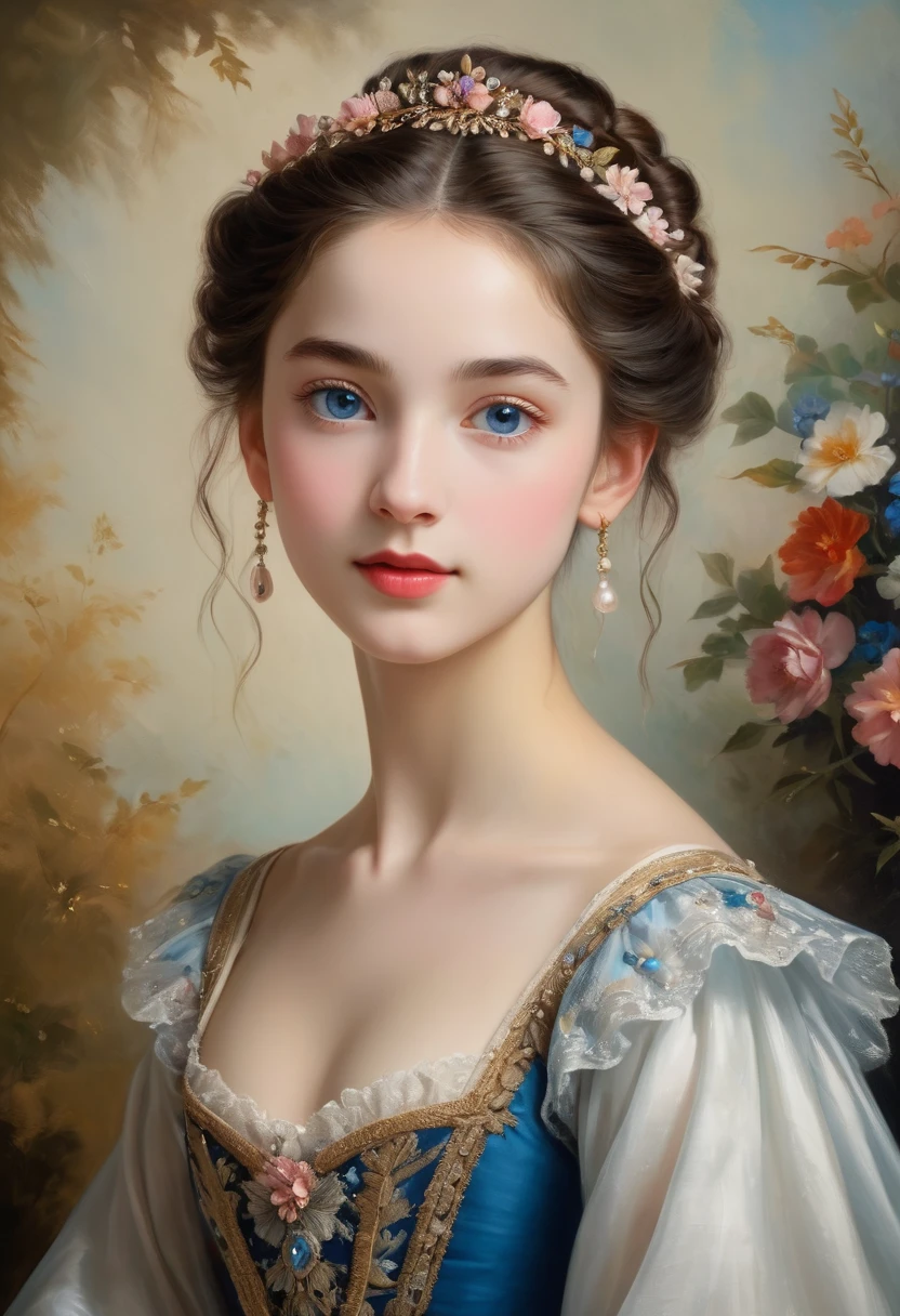 (high resolution,masterpiece:1.2),(Practical:1.37)"(best quality, high resolution, Extremely detailed, Practical),Beautiful portrait of a 16-year-old French ballerina from the 19th century, (She is of French and Japanese descent., She is a beautiful woman with deep blue eyes and a high nose:1.1), Exquisite ballet costumes, Detailed facial features, Slender and graceful neck, Flowing hair, Elegant posture, Soft and delicate lighting, Oil painting medium, Vibrant colors, Subtle background with floral pattern"