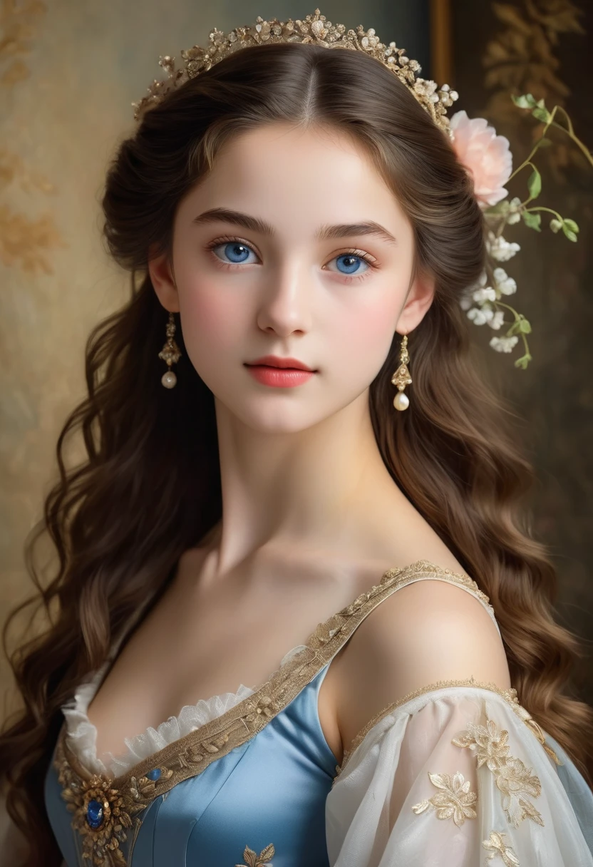 (high resolution,masterpiece:1.2),(Practical:1.37)"(best quality, high resolution, Extremely detailed, Practical),Beautiful portrait of a 16-year-old French ballerina from the 19th century, (She is of French and Japanese descent., She is a beautiful woman with deep blue eyes and a high nose:1.1), Exquisite ballet costumes, Detailed facial features, Slender and graceful neck, Flowing hair, Elegant posture, Soft and delicate lighting, Oil painting medium, Vibrant colors, Subtle background with floral pattern"