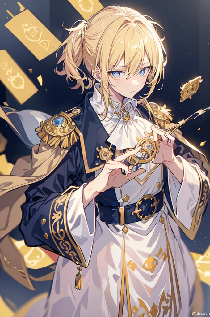 초상화, Face_through_torso, arcanepunk, 1male character, Solo, royalty(prince), light blonde hair(short hair, messy, layered, tousled), benevolent_face(sky_blue_eyes(spade shaped_pupils), sharp eyes, half closed_eyes), prince outfit, white, royal, elegant, ornate, gold trim, intricate details, high collar, epaulettes, tailored fit, regal, formal, sophisticated