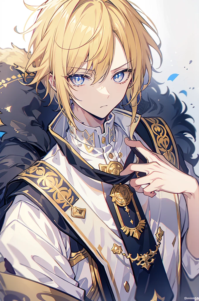 초상화, Face_through_torso, arcanepunk, 1male character, Solo, royalty(prince), light blonde hair(short hair, messy, layered, tousled), benevolent_face(sky_blue_eyes(spade shaped_pupils), sharp eyes, half closed_eyes), prince outfit, white, royal, elegant, ornate, gold trim, intricate details, high collar, epaulettes, tailored fit, regal, formal, sophisticated