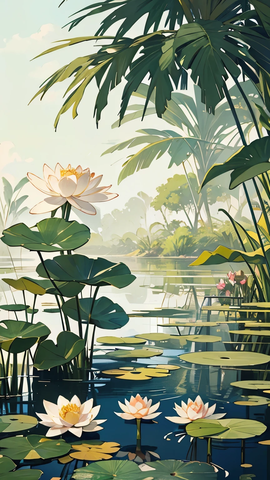 Wetland Plants Illustration, wetland plants, reeds, lotus flowers, delicate brushwork, detailed vitality, green ecology, natural beauty,sea
