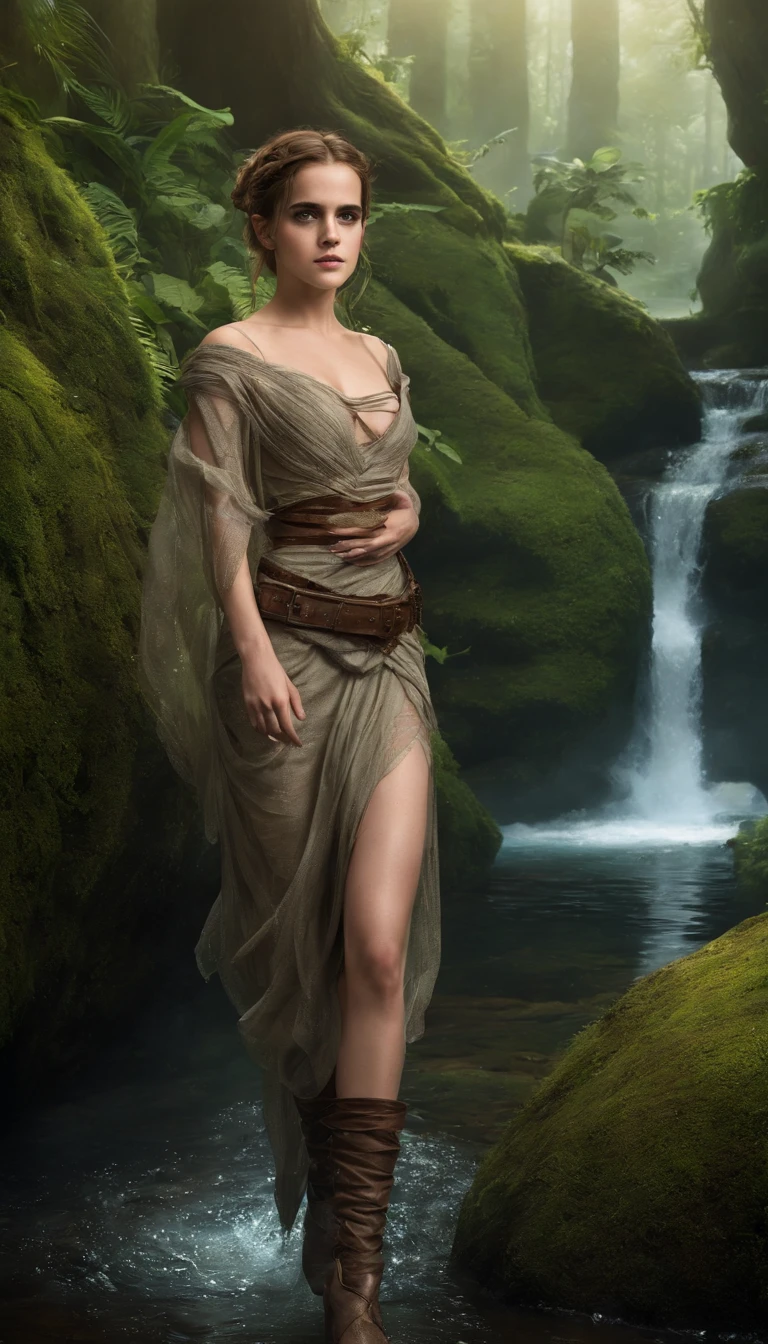 (Emma Watson)
(((Sexy Slave, Jabba The Hut))), (star wars) red slit slave leia dress, enchanted forest at twilight, ethereal light filtering through ancient towering trees, vividly detailed lush undergrowth, mystical creatures lurking in the shadows, sparkling fairy lights weaving through the foliage, a crystal-clear stream with water so pure it glows, cascading waterfall in the background with magical properties, fantasy wildlife drinking at the water's edge, highly detailed, photorealistic textures on every surface