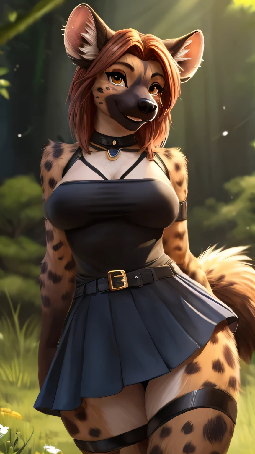 Hyena, female, top with thin straps, skirt, Auburn , interested, happy, blushing, busty, thick thighs, wide hips, small waist, tall, outdoors, (anthro furry:1.3, snout:1.2, anthro:1.3, furry:1.2, female:1.2, hyena tail) adorable, feminine, extremely detailed, Cinematic, captivating, looking at viewer