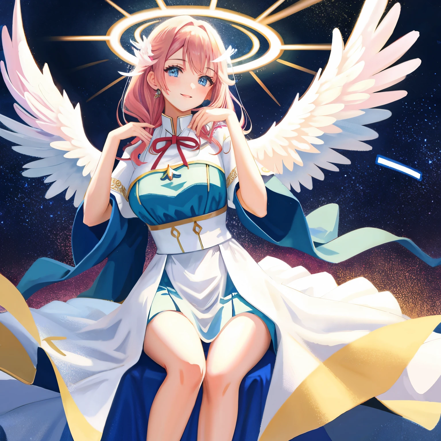 ****(((テーマ: The meaning of Angel Number 43: "Ascended Masters are supporting you, reconciliation is coming again"1:1.5)))****,　BREAK　　　　　　　　　　　　　　　　　　　　　　　　　　　　　　　　　　　　　　 masterpiece, best quality, ultra-detailed, ultra high resolution, Top Quality photorealistic Illustration, Ultra Definition, cute illustration:1.3, high Saturation:1.2, (((detailed beautiful face and eyes))), an extremely delicate and beautiful, nice hands, perfect hands, appropriate posture, appropriate configuration, ideal ratio body proportions, absurdres, realistic, hyper-realistic, golden ratio:1.2, drafting board:1.3, ultra quality and detailed art, high resolution (HD, 4K, 8K, 16K), color bit depth: 24-bit, 48-bit, 8K, ultra high resolution: 1.2
BREAK
artistic and ultimate, strongest and perfect, extraordinary, groundbreaking, amazing, overwhelming, original, pioneering, innovative
BREAK
gold, blue, green, light blue, yellow, silver, deep red, light purple, deep brown, pink, wine red
BREAK
(((elegant and calm pose)))
BREAK
***(((background with angel wings spread in the sky1:1.4)))***
BREAK
elegant dress
BREAK
long flowing hair
BREAK
gentle and kind expression
BREAK
***(((light effects1:1.4)))***
BREAK
recommended model and LoRA: SEAART model, LoRA: AngelicSupport_v1, LoRA: UltraRealistic_v2, LoRA: HighDetail_v1
