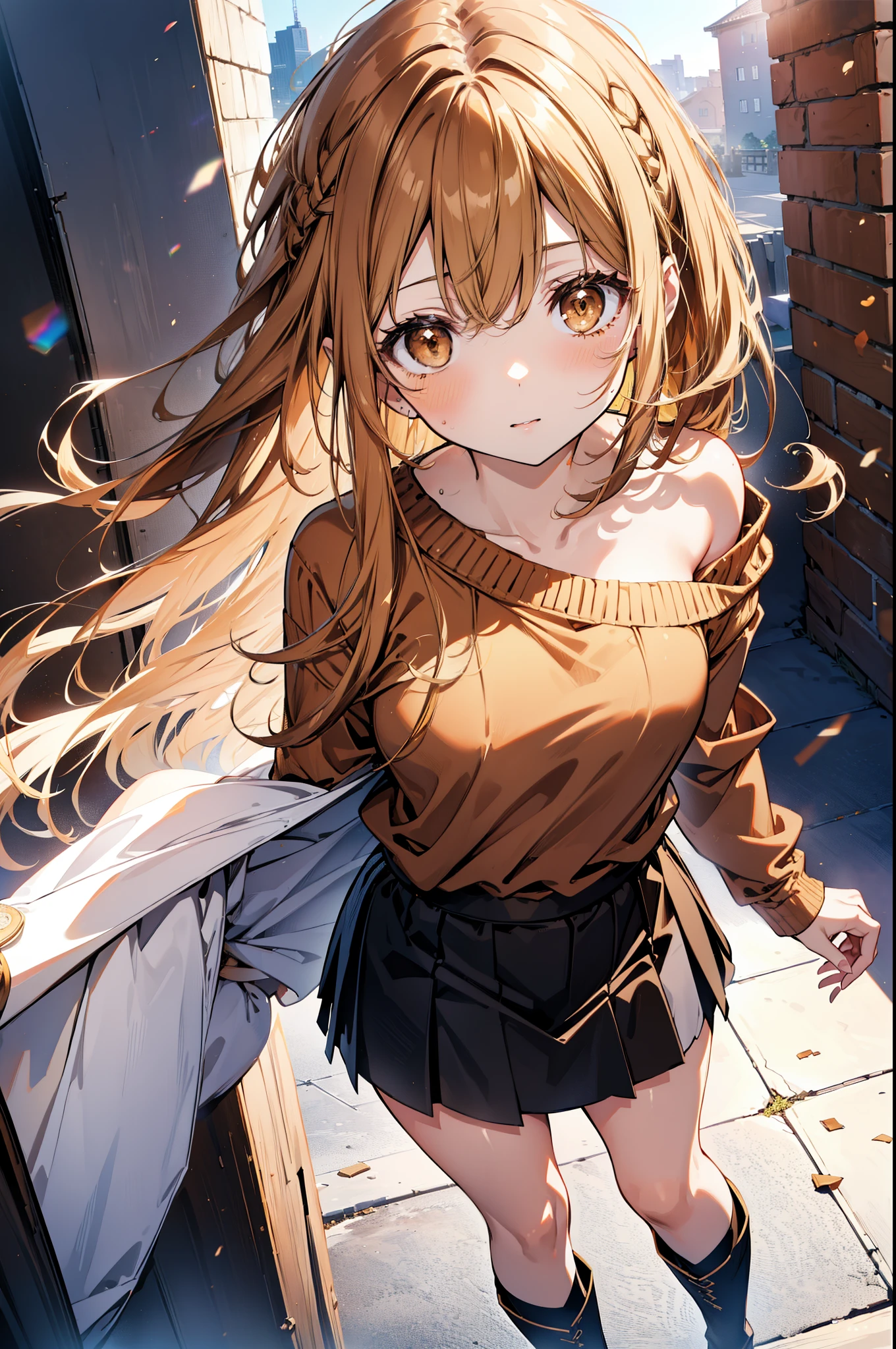 a sun ayuuki, a sun a yuuki, Long Hair, Brown Hair, (Brown eyes:1.8),smile,blush,Red one-shoulder sweater,mini skirt,Black tights,short boots,Daytime,Clear skies,Walking,whole bodyがイラストに入るように,
break outdoors, Building district,
break looking at viewer, whole body,
break (masterpiece:1.2), Highest quality, High resolution, unity 8k wallpaper, (figure:0.8), (Beautiful attention to detail:1.6), Highly detailed face, Perfect lighting, Highly detailed CG, (Perfect hands, Perfect Anatomy),