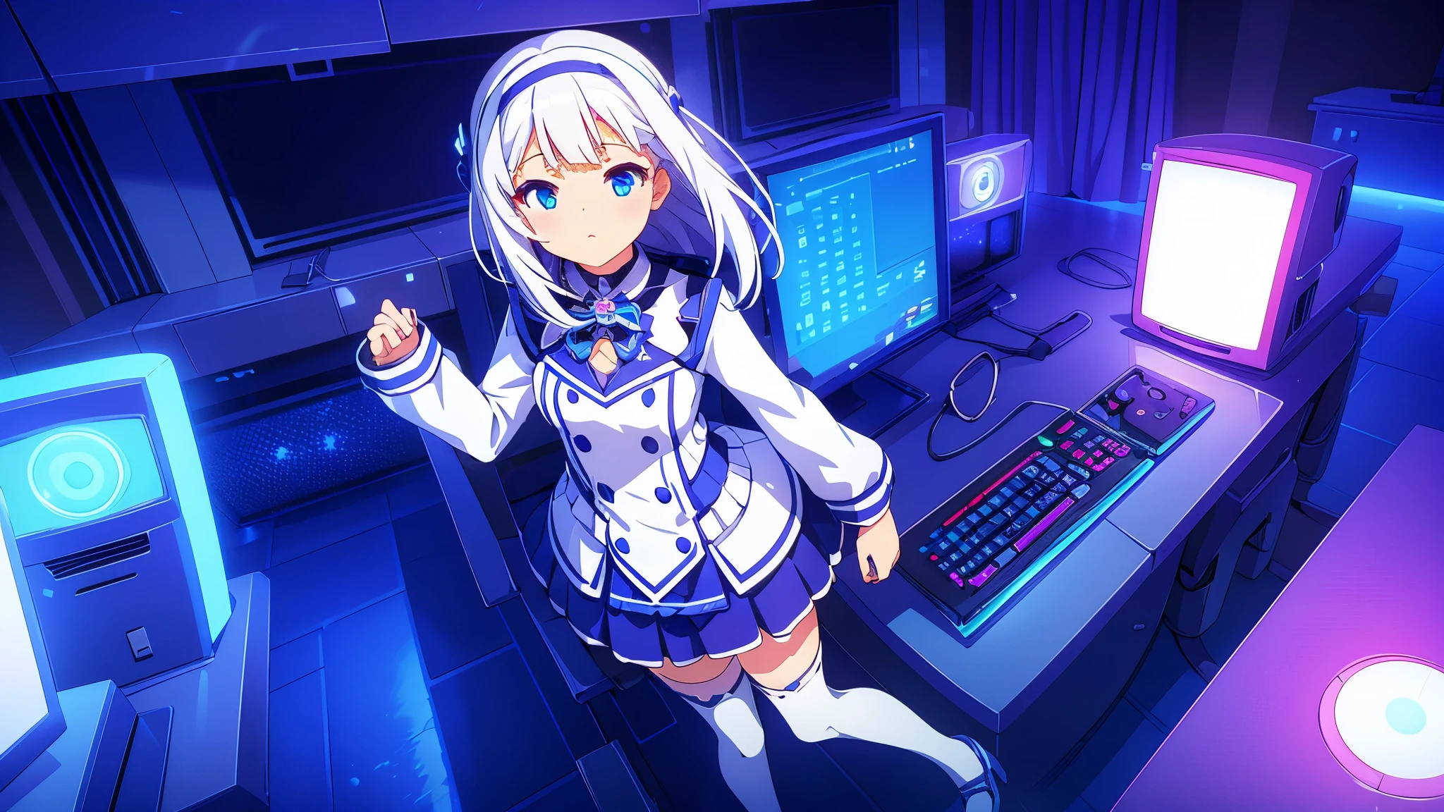 1 beautiful girl excellent quality perfect anatomy vtuber white hair light blue eyes long stockings in the room rgb led pc gaming full body Mini skirt small breasts