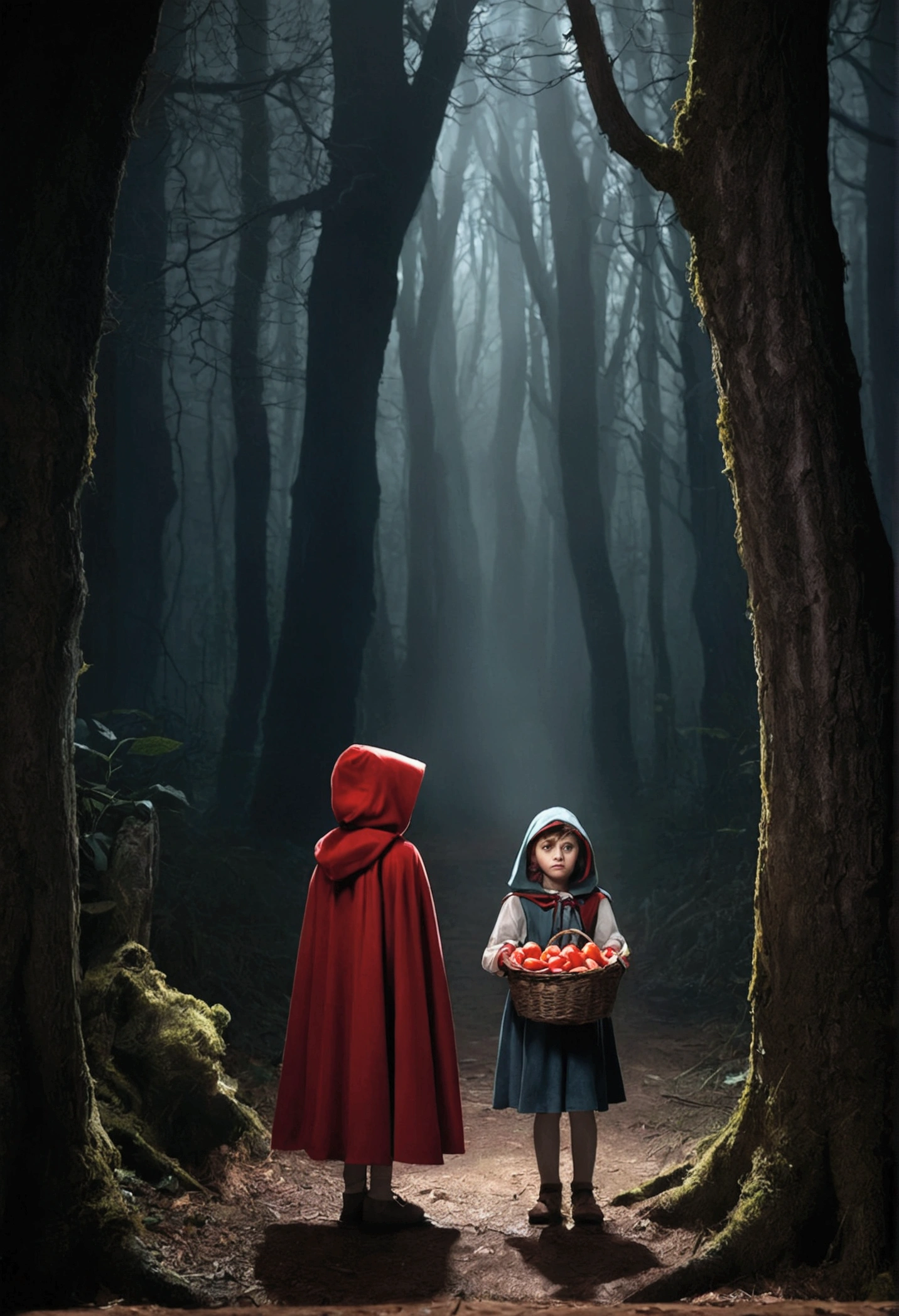 A girl called Little Red Riding Hood, wearing a red cape, is standing at the entrance to a dark and mysterious forest. his mother, concerned, gives him a basket of food."