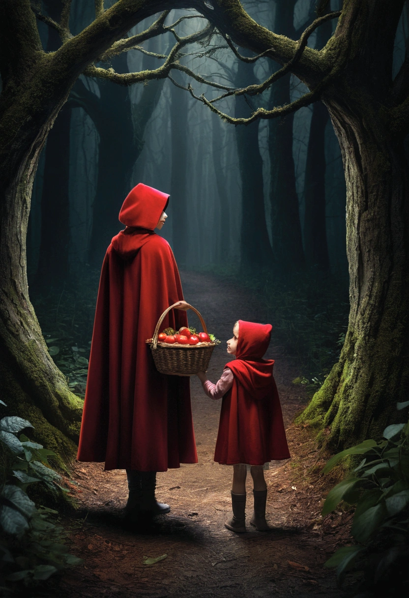 A girl called Little Red Riding Hood, wearing a red cape, is standing at the entrance to a dark and mysterious forest. his mother, concerned, gives him a basket of food."