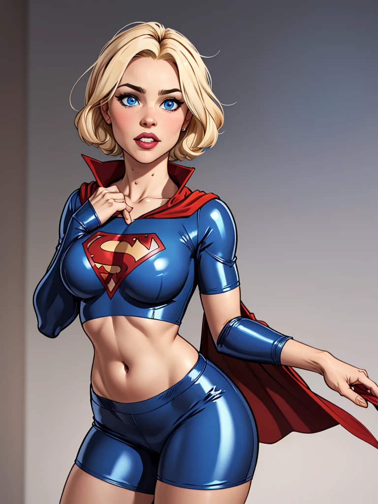 Blonde girl with short hair, blue eyes, wearing a blue hero costume, wearing a shirt with latex sleeves, belly showing, wearing blue latex shorts and wearing a red cape