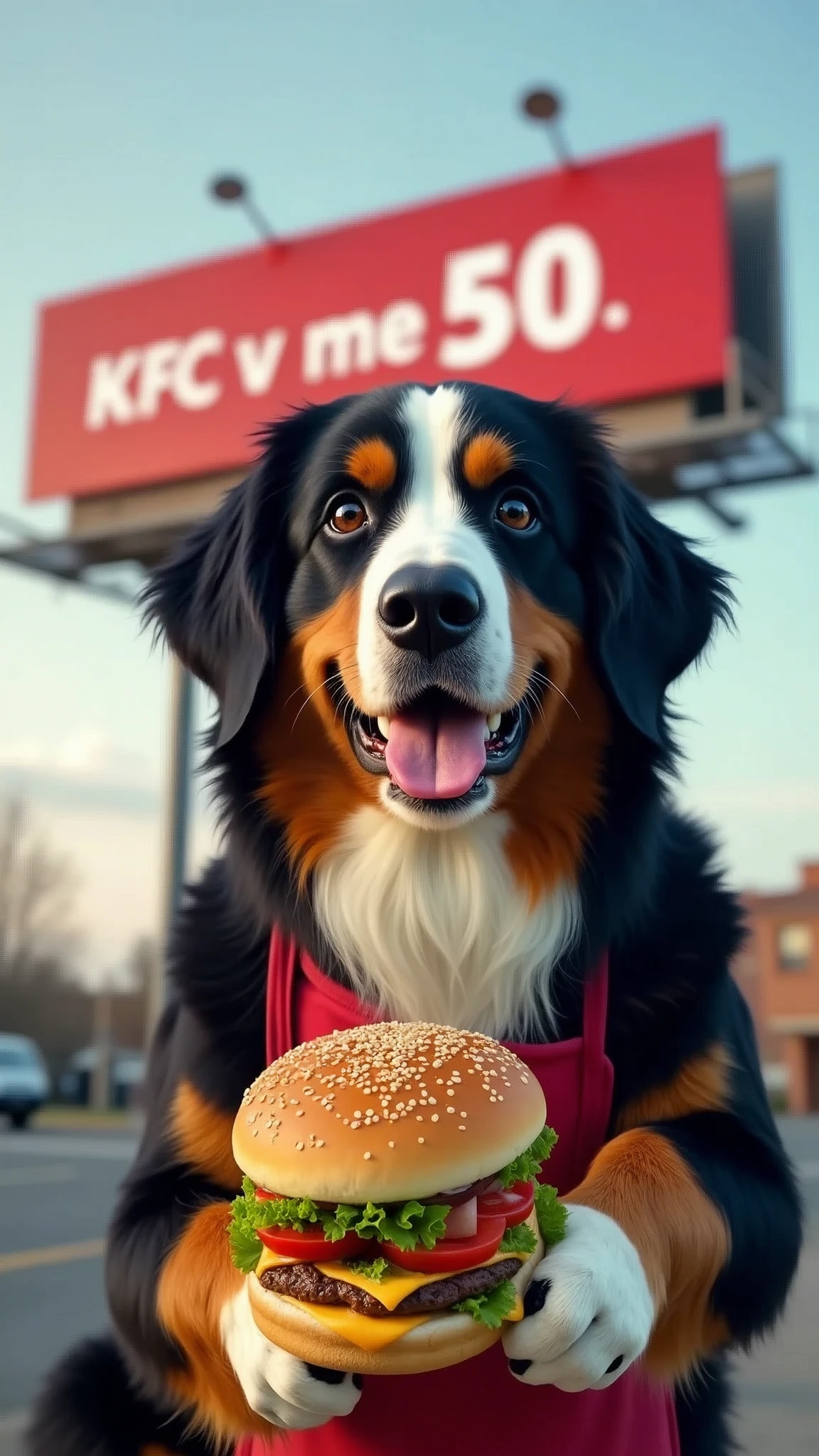 Bernese Mountain Dog holding a hamburger，Wearing an apron，The billboard behind it reads &quot;KFC v me 50&quot;
