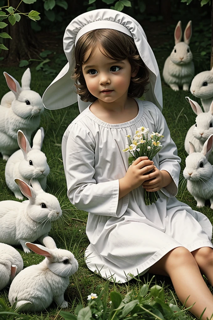 A little angel in heaven with rabbits
