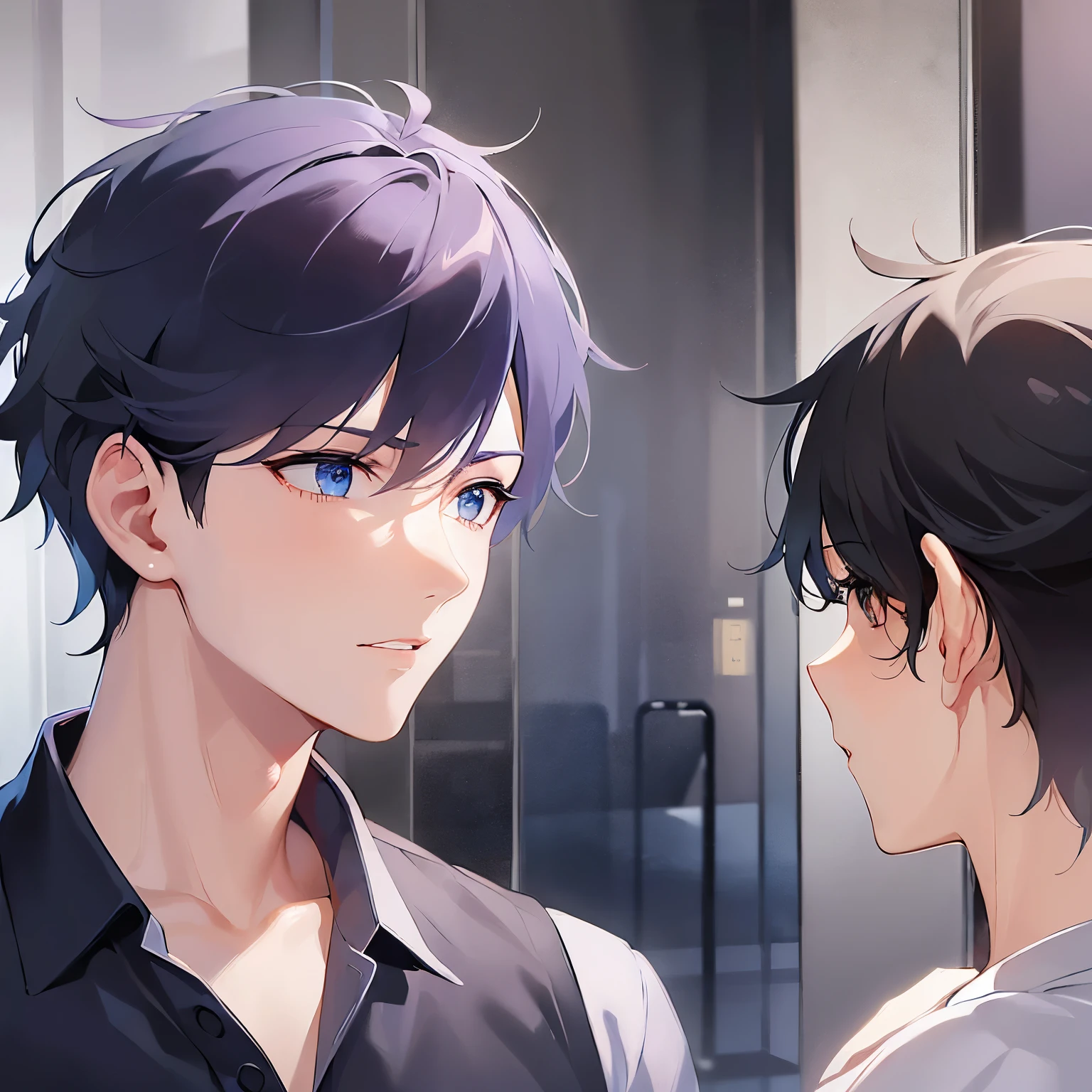 (looking away:1.5),upper body、Side shot、 shiny skin, masterpiece、Highest quality、 (25-year-old male:1.5) and (Black short hair) and (blue eyes), (navy collared shirt) Serious,open mouth,Are standing、The background is the classroom、(alone:1.5)