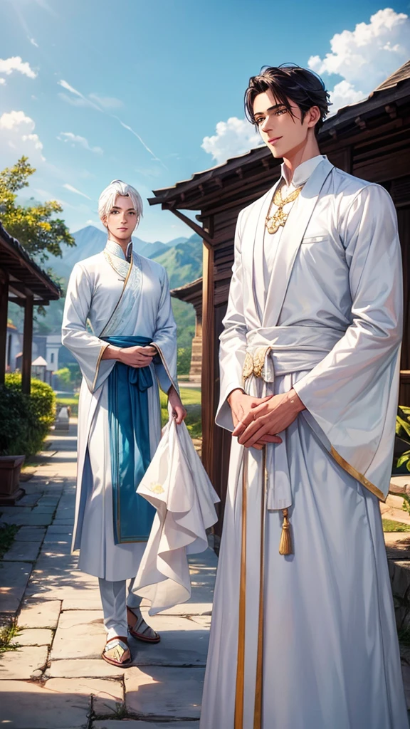 A handsome young man wearing a white Burmese dress and a handsome young man wearing a light blue shirt. One was a head taller than the other and handsome. Both of them smiled softly. A beautiful village in the background,