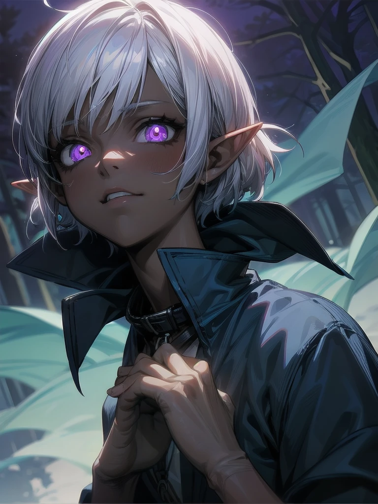 A female Young elf, dark blue skin, white short hair, white eyes, wearing dirty rags, poor clothing, with a glowing BLUE colar on her neck, frighthened expression, purple eyes, night forest background. she is trying to remove the BLUE colar on her neck with her hands. Digital art. anime style by artgerm and greg rutkowski