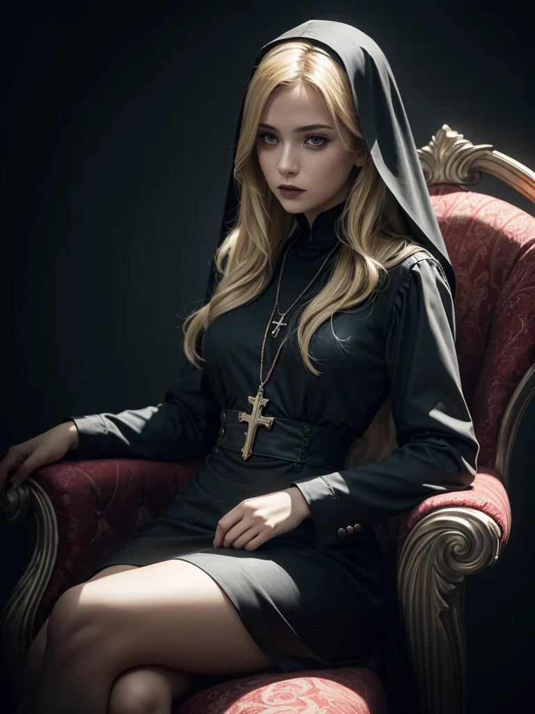 High quality,masterpiece,HD32k,(hyperrealistic:1.2),
Gothic nun,(dirty long blonde straight hair),cross,necklace,cross_necklace,black_dress,white_socks,sitting,crossed_legs,(throne in the Gothic style:1.2),
(realistic skin texture),(seductive,sexy,depraved),(soft lighting,soft edge lighting,deep shadows,film grain),dark_red_gothic_background,complex background,