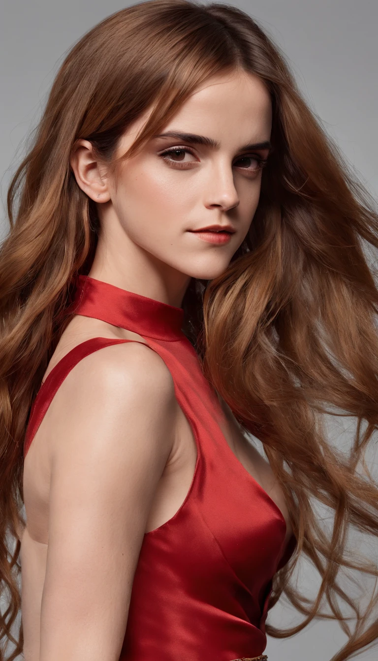 (Emma Watson), no bra, pokies, (Sexy Red Slit Dress) fluffy, low cut neckline, seductive, cowboy shot, 8k, (very thin waist:1.3), bare breasts, big breasts:1.5, (Long Hair:2.0), wave, soft skin, long hair in the wind, Lake