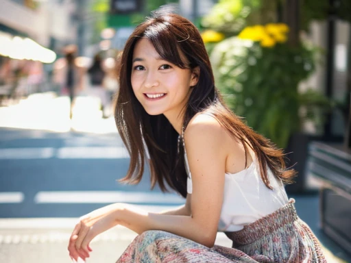 masterpiece, high quality, High resolution, 8k, Skinny Japanese Wife, 40 years old, Cute Face, Detailed face, Detailed eyes, Long Hair, Narrow waist, In the city,The whole body is visible,Date,Fresh breeze,Long skirt