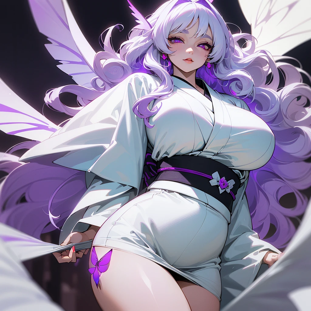 ((ultra quality)), ((masterpiece)), ((devil)), ((yokai)), ((Angelic beauty woman)), ((Purple Moth Wings)), ((huge moth wings)), ((long white curly hair)), ((White hair)), ((White hair)), ((curly hair)),  (beautiful face), (beautiful female lips), Enchanting ((Seductive facial expression)), looks at the camera with a slight smile, (White skin color), (White skin), glow on the body, ((detailed eyes)), ((violet eyes)), (juicy female lips), (dark eyeliner), (beautiful female hands), ((thick body)), ideal female body, ((white kimono)), beautiful waist, beautiful big hips, big breasts, thick thighs, ((Subtle and beautiful)) (), ((depth of field)), ((high quality clear image)), (delete details), ((High detail)), ((clear focus))