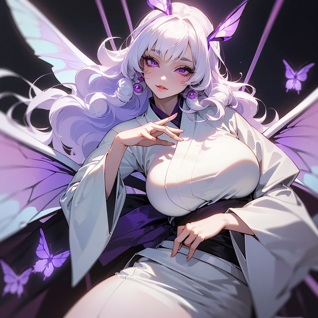 ((ultra quality)), ((masterpiece)), ((devil)), ((yokai)), ((Angelic beauty woman)), ((Purple Moth Wings)), ((huge moth wings)), ((long white curly hair)), ((White hair)), ((White hair)), ((curly hair)),  (beautiful face), (beautiful female lips), Enchanting ((Seductive facial expression)), looks at the camera with a slight smile, (White skin color), (White skin), glow on the body, ((detailed eyes)), ((violet eyes)), (juicy female lips), (dark eyeliner), (beautiful female hands), ((thick body)), ideal female body, ((white kimono)), beautiful waist, beautiful big hips, big breasts, thick thighs, ((Subtle and beautiful)) (), ((depth of field)), ((high quality clear image)), (delete details), ((High detail)), ((clear focus))