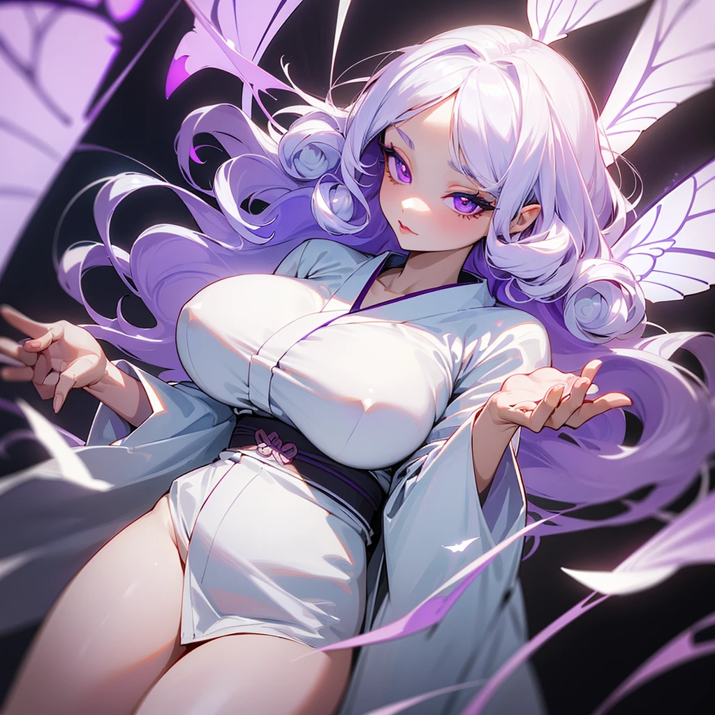 ((ultra quality)), ((masterpiece)), ((devil)), ((yokai)), ((Angelic beauty woman)), ((Purple Moth Wings)), ((huge moth wings)), ((long white curly hair)), ((White hair)), ((White hair)), ((curly hair)), (beautiful face), (beautiful female lips), Enchanting ((Seductive facial expression)), looks at the camera with a slight smile, (White skin color), (White skin), glow on the body, ((detailed eyes)), ((violet eyes)), (juicy female lips), (dark eyeliner), (beautiful female hands), ((thick body)), ideal female body, ((white kimono)), beautiful waist, beautiful big hips, big breasts, thick thighs, ((Subtle and beautiful)) (), ((depth of field)), ((high quality clear image)), (delete details), ((High detail)), ((clear focus))