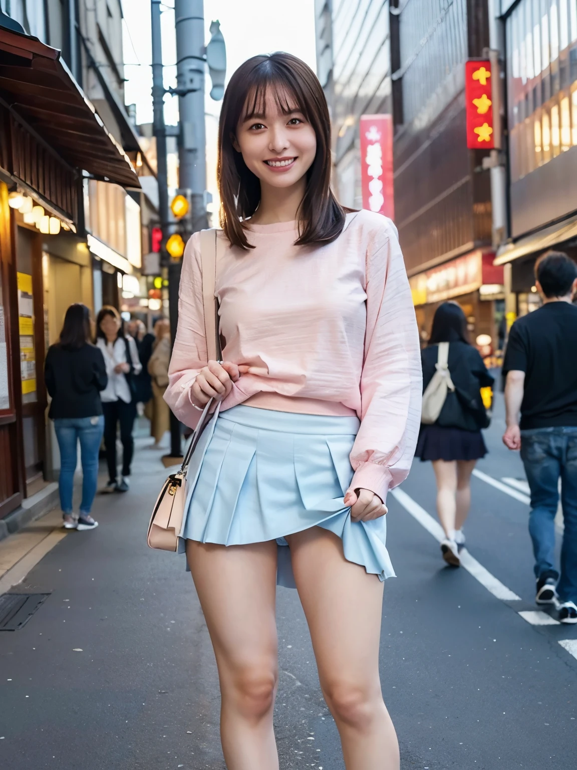 ((full body shot:1.3)), (Top quality, 8K, no makeup, masterpiece, ultra-high resolution, photorealistic, photorealistic, 25-year-old girl, idol sculpture, national beautiful girl, cute girl, thin waist, round eyes, smile, delicate face, beautiful skin , walking in a big city, streets of tokyo, buildings, (light blue long sleeve blouse:1.2), (white mini skirt), (lifting the light blue skirt:1.3), (lift the edge of the skirt with both hands:1.1), (showing pink panties), full body shoto
