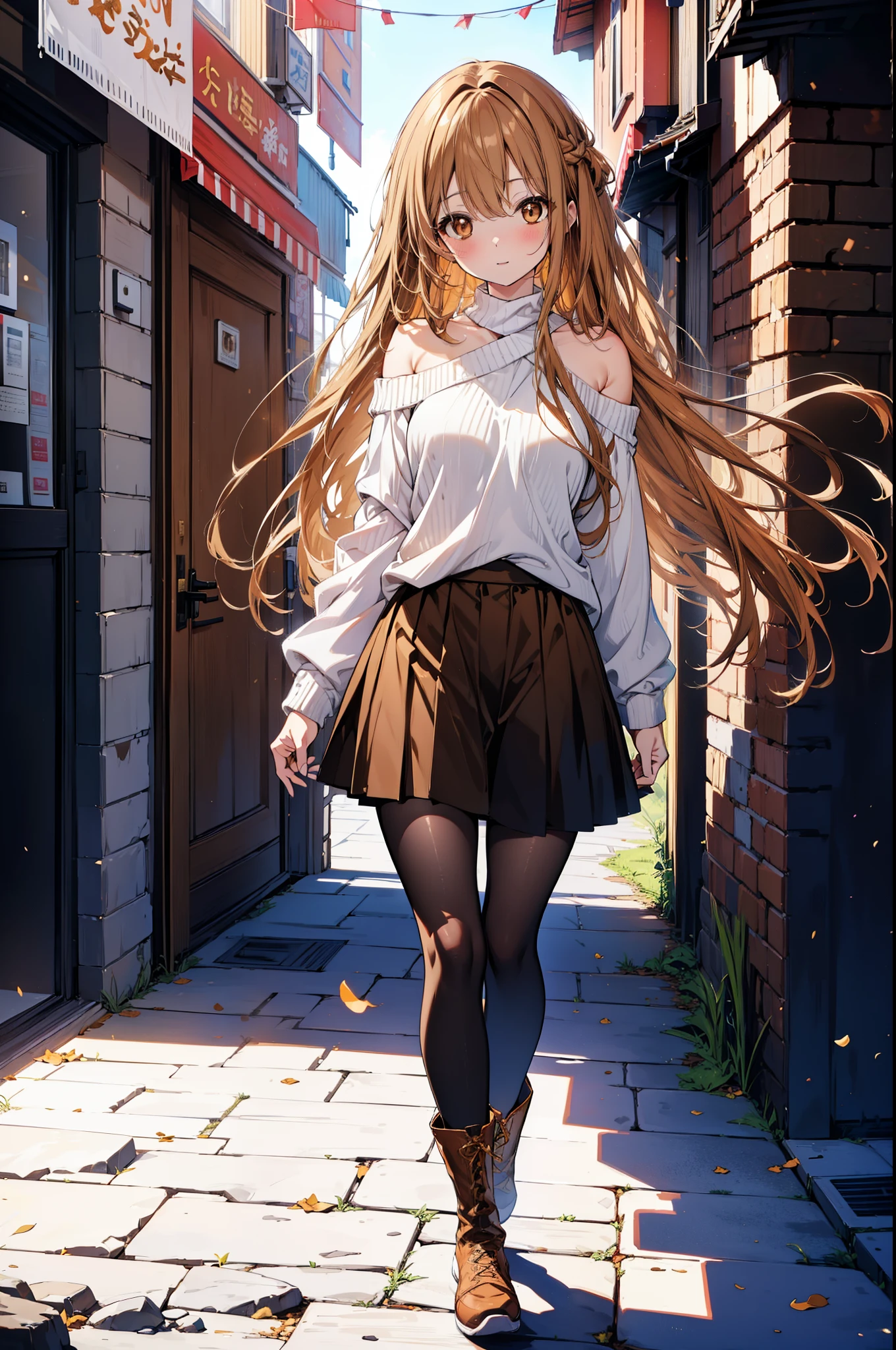 a sun ayuuki, a sun a yuuki, Long Hair, Brown Hair, (Brown eyes:1.8),smile,blush,Red one-shoulder sweater,mini skirt,Black tights,short boots,Daytime,Clear skies,Walking,whole bodyがイラストに入るように,
break outdoors, Building district,
break looking at viewer, whole body,
break (masterpiece:1.2), Highest quality, High resolution, unity 8k wallpaper, (figure:0.8), (Beautiful attention to detail:1.6), Highly detailed face, Perfect lighting, Highly detailed CG, (Perfect hands, Perfect Anatomy),