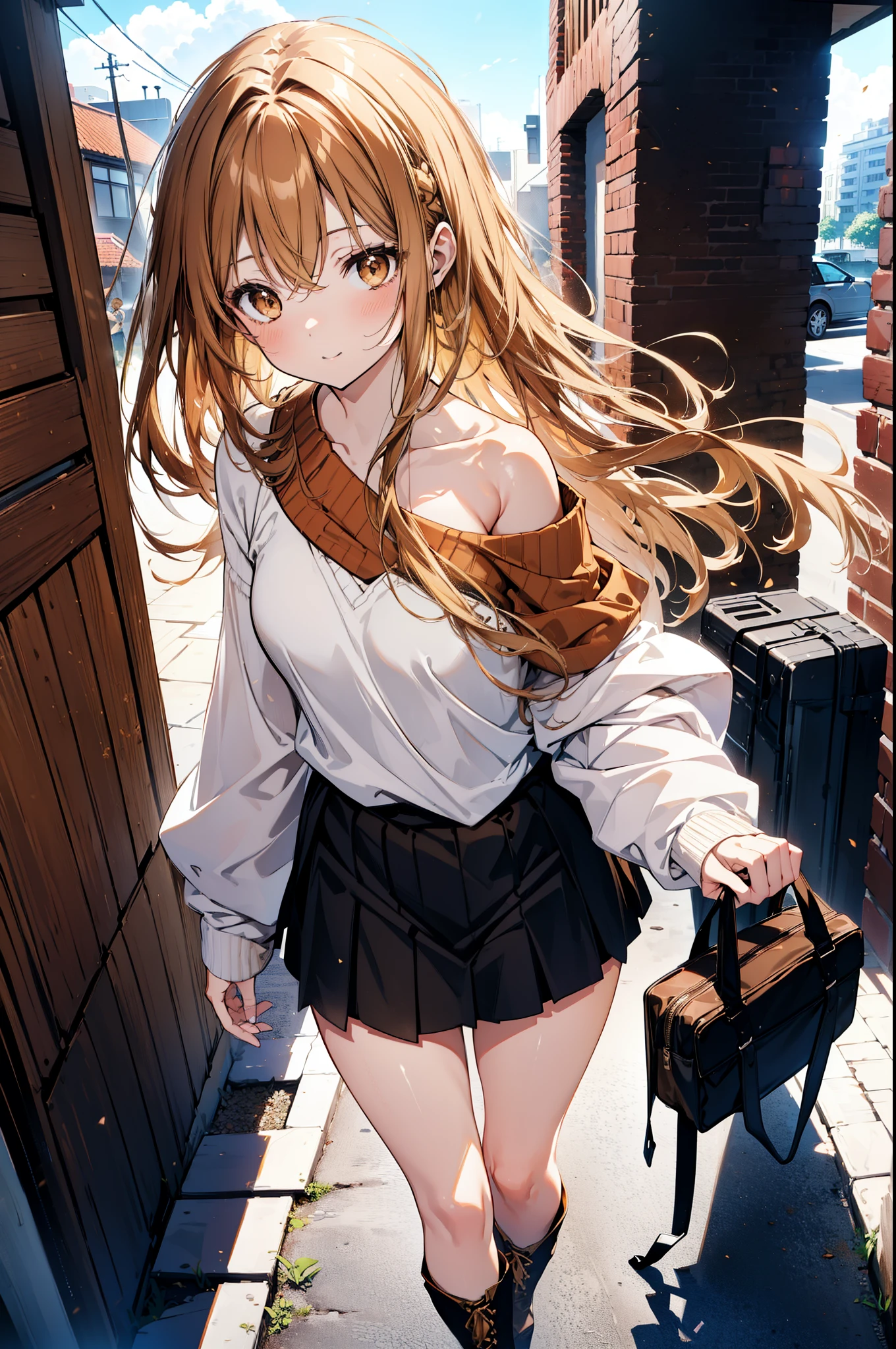 a sun ayuuki, a sun a yuuki, Long Hair, Brown Hair, (Brown eyes:1.8),smile,blush,Red one-shoulder sweater,mini skirt,Black tights,short boots,Daytime,Clear skies,Walking,whole bodyがイラストに入るように,
break outdoors, Building district,
break looking at viewer, whole body,
break (masterpiece:1.2), Highest quality, High resolution, unity 8k wallpaper, (figure:0.8), (Beautiful attention to detail:1.6), Highly detailed face, Perfect lighting, Highly detailed CG, (Perfect hands, Perfect Anatomy),