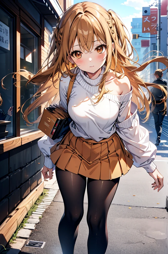 a sun ayuuki, a sun a yuuki, Long Hair, Brown Hair, (Brown eyes:1.8),smile,blush,Red one-shoulder sweater,mini skirt,Black tights,short boots,Daytime,Clear skies,Walking,whole bodyがイラストに入るように,
break outdoors, Building district,
break looking at viewer, whole body,
break (masterpiece:1.2), Highest quality, High resolution, unity 8k wallpaper, (figure:0.8), (Beautiful attention to detail:1.6), Highly detailed face, Perfect lighting, Highly detailed CG, (Perfect hands, Perfect Anatomy),