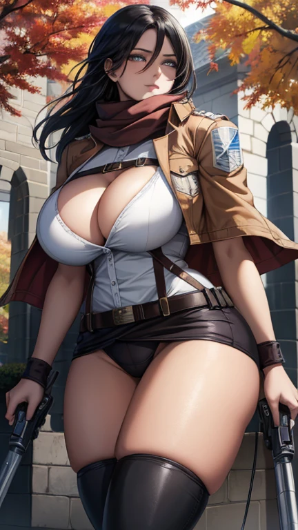 (masterpiece, best quality, glowing light, glistening, shiny skin, ultra detailed, detailed background, complex background),(perfect face, detailed face, detailed eyes, perfect hands, perfect fingers), (large :1.2,smile),(mature female:1.4),cowboy shot, thicc, big , cleavage, black hair, MILF, perfect curvy shaped body,
mikasa_ackerman, ((gradient hair)),multicolored eyes, gradient eyes, (glowing eyes:1.5), mascara, (fashion make up), parted lips, scarf, jacket, thigh strap,  and bra, belt, emblem, three-dimensional maneuver gear, red scarf, boots, dual wielding, training corps (emblem)
((park, fountain, leaves in the air, wall, autumn, trees)),((super detailed background)), dynamic poses, ((8k wallpaper)),  