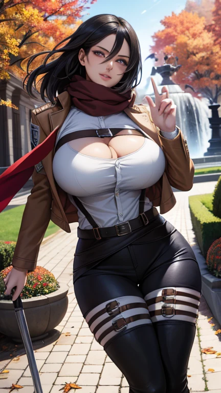 (masterpiece, best quality, glowing light, glistening, shiny skin, ultra detailed, detailed background, complex background),(perfect face, detailed face, detailed eyes, perfect hands, perfect fingers), (large :1.2,smile),(maturle:1.4),cowboy shot, thicc, big breast, cle black hF, perfect curvy shapedy,
mikasa_ackerman, ((gradient hair)),multicolored eyes, gradient eyes, (glowing eyes:1.5), mascara, (fashion make up), parted lips, scarf, jacket, thigh strap, bikini and bra, belt, emblem, three-dimensional maneuver gear, red scarf, boots, dual wielding, training corps (emblem)
((park, fountain, leaves in the air, wall, autumn, trees)),((super detailed background)), dynamic poses, ((8k wallpaper)),